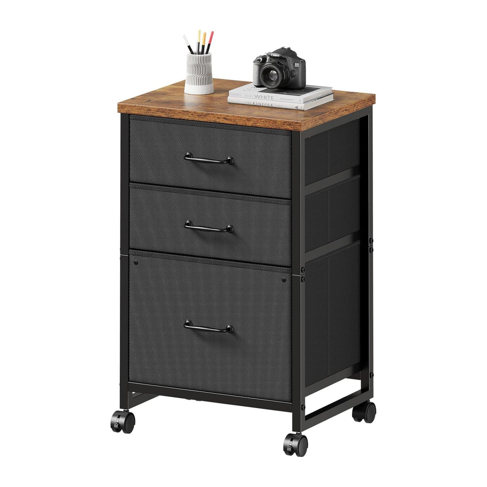 Maihail 3 Drawer File Cabinet with Wheels with Open Storage Shelf, Rustic Brown