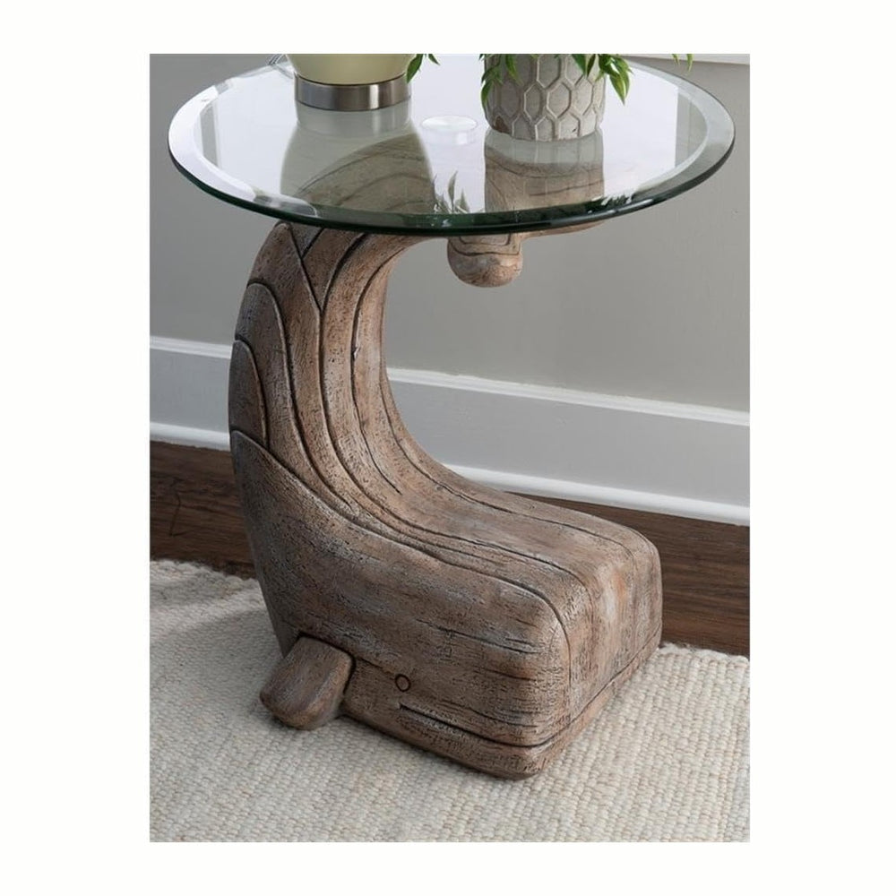 MAKLAINE Whale Sculptured Accent Table, 23 in Tall, Resin Base with Driftwood...