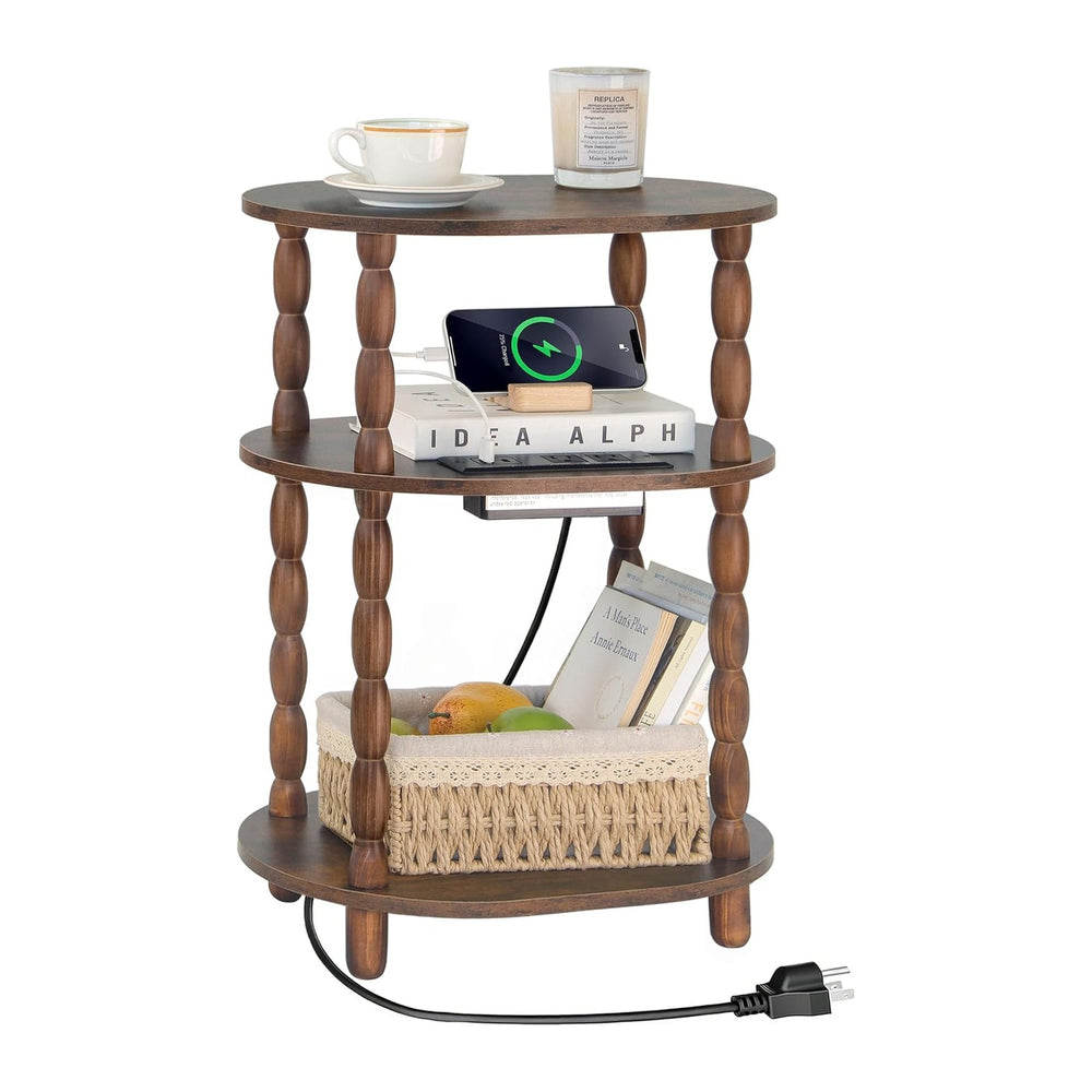 MaxSmeo Side Table with Charging Station, 3-Tier Small End Table with USB Por...