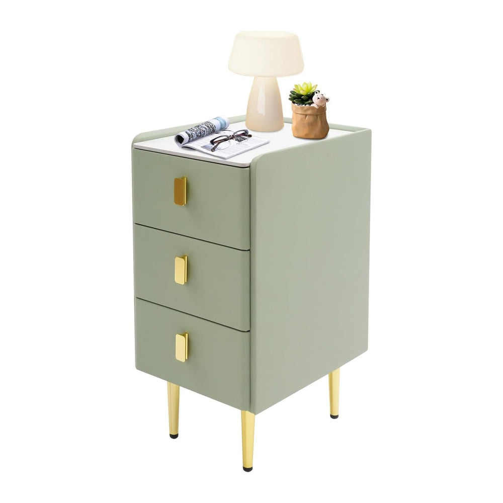 Narrow Nightstand with Drawers, Narrow Side Table Leather, Three-Layer Drawer...