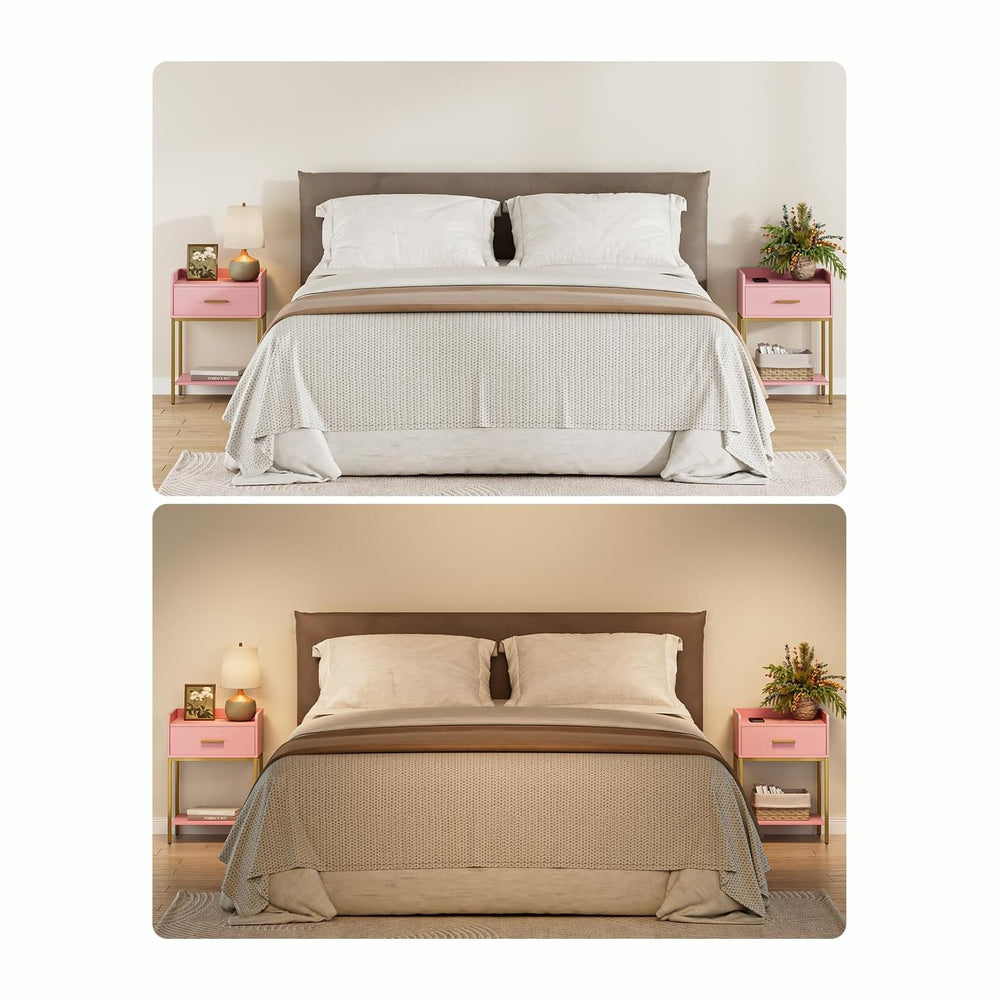 Nightstand, Modern Bedside Table with Drawer and Legs,Pink and Gold Night Sta...
