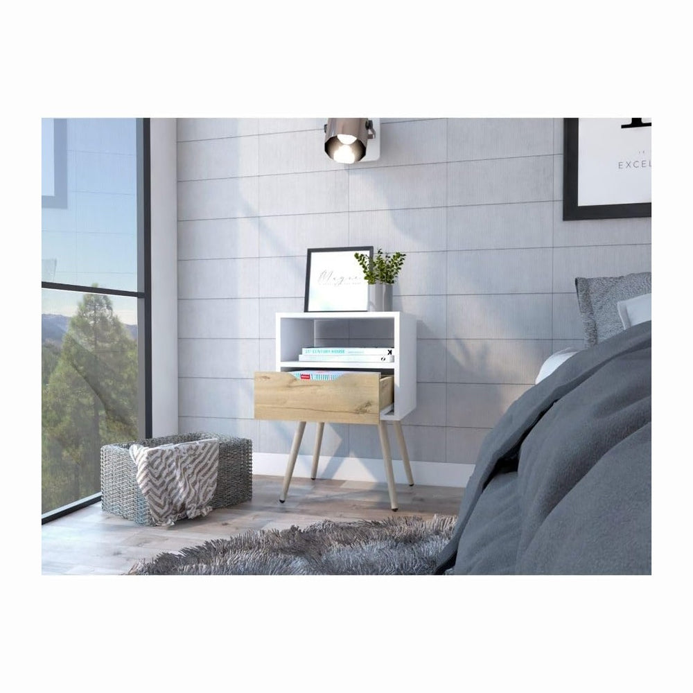 Nightstand, Superior Top, One Open Shelf, One Drawer, Four Legs,for Small Spaces