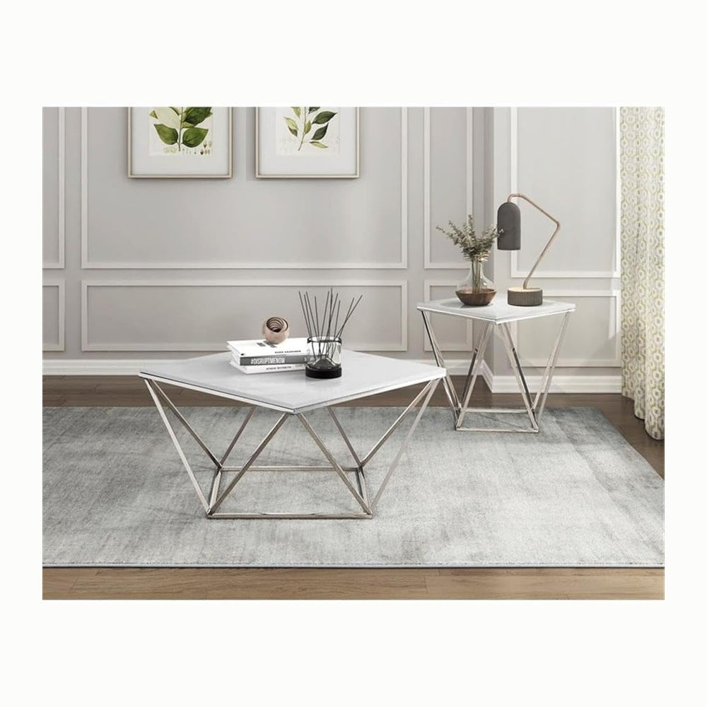Pemberly Row Contemporary End Table, Stainless Steel Frame, Silver Finish, Wh...