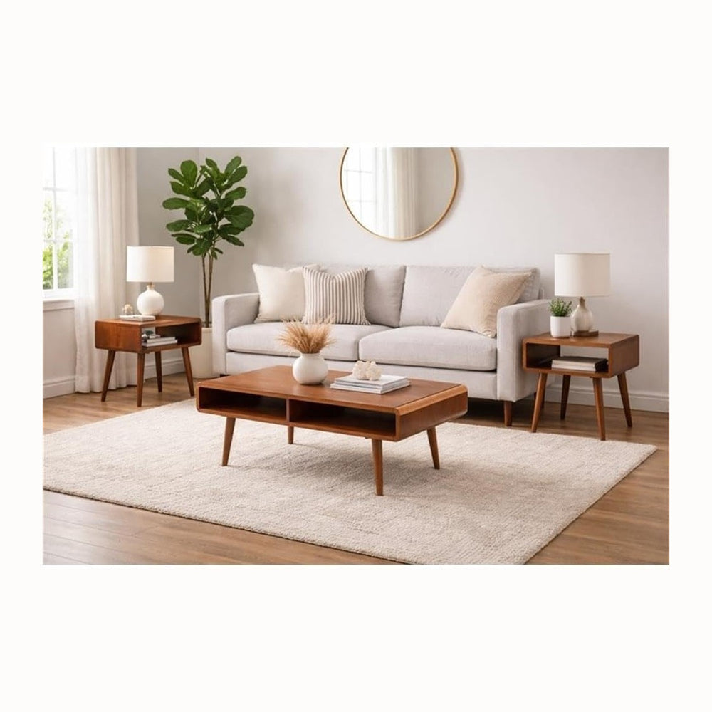 Pemberly Row Mid-Century 3-Piece Table Set, Solid Rubberwood, Rich Walnut Fin...