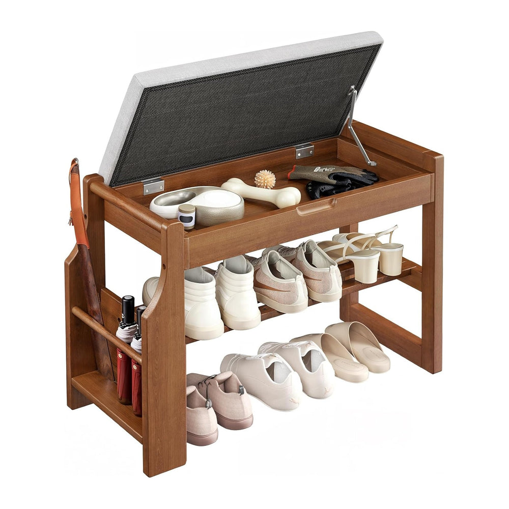 Pipishell 26″ Solid Pine Wood Shoe Rack Bench with Soft Cushion, 2 Tiers Shoe...
