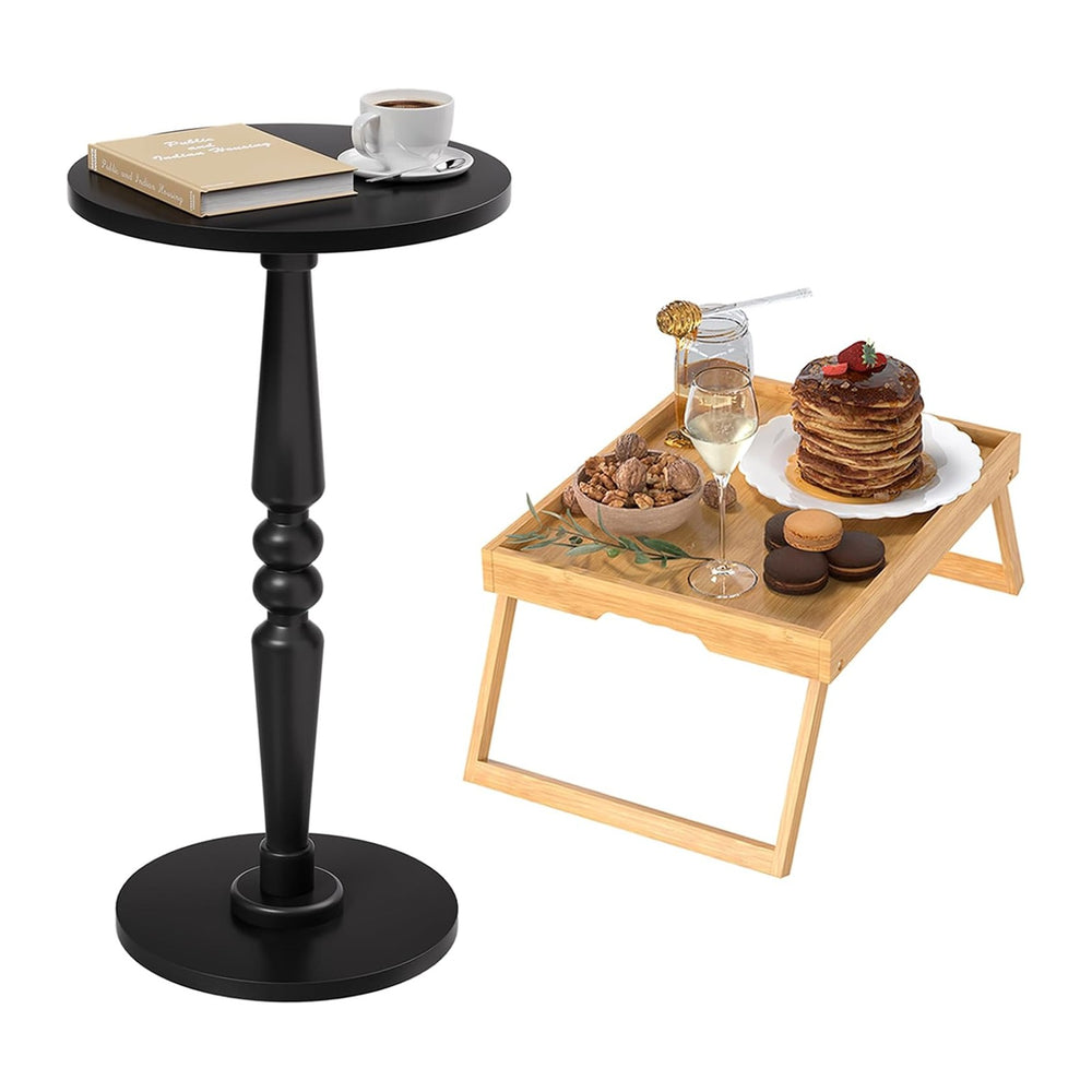 Round Side Table for Small Spaces,Bamboo Bed Tray Table with Foldable Legs