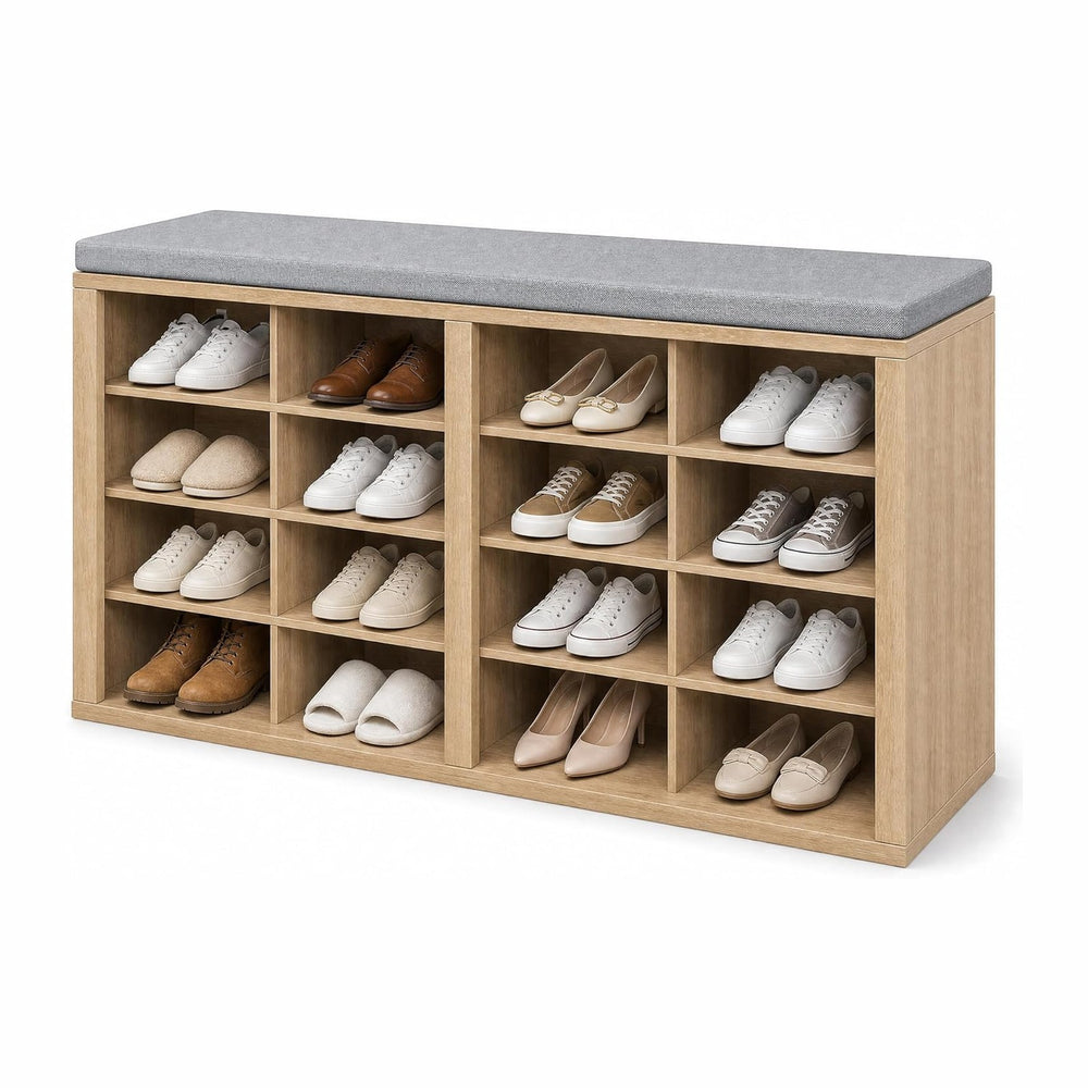Shoe Storage Bench with Cushion, 16-Cubby Entryway Bench with Adjustable Shel...