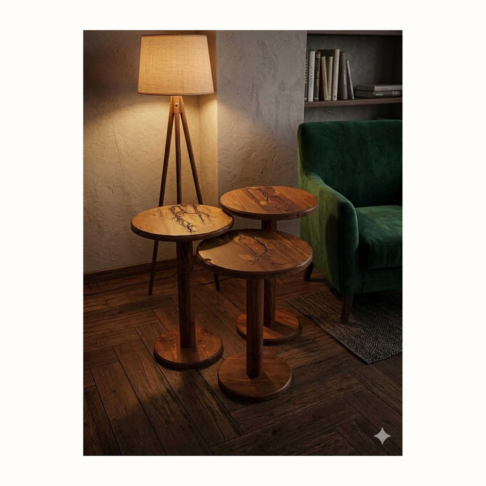 SODEF Handmade Round Walnut Wood Side Table Set, 3-Piece Nesting Tables, Wood...