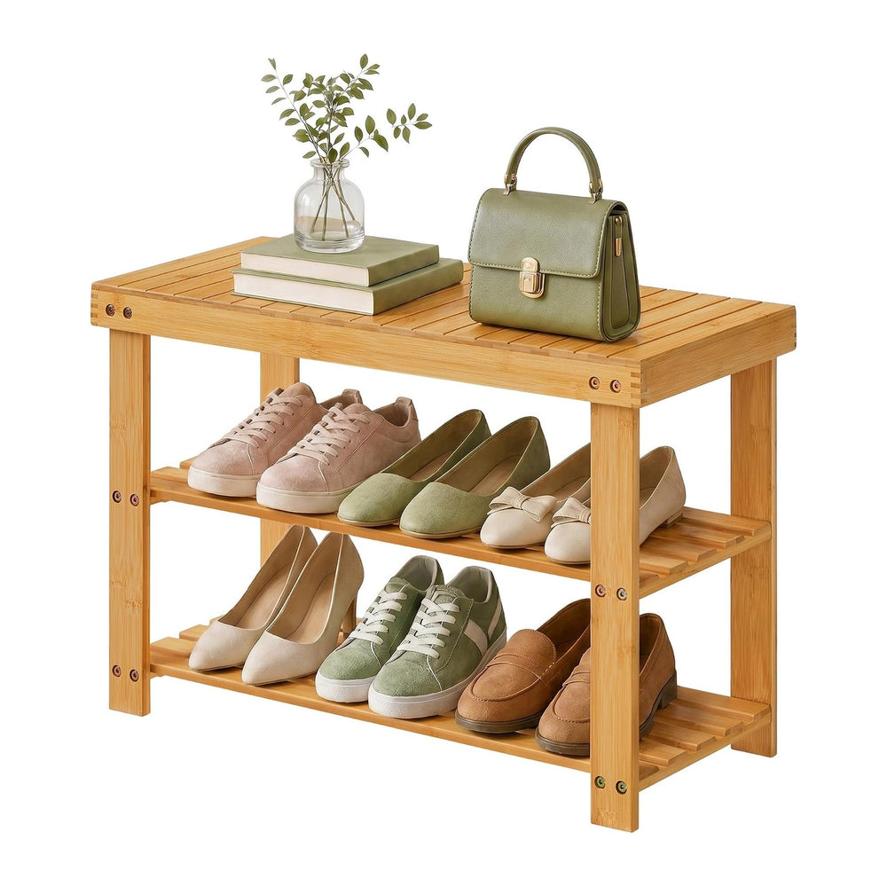 SONGMICS HOME 3-Tier Bamboo Shoe Bench, Shoe Rack, for Entryway Bathroom Bedr...