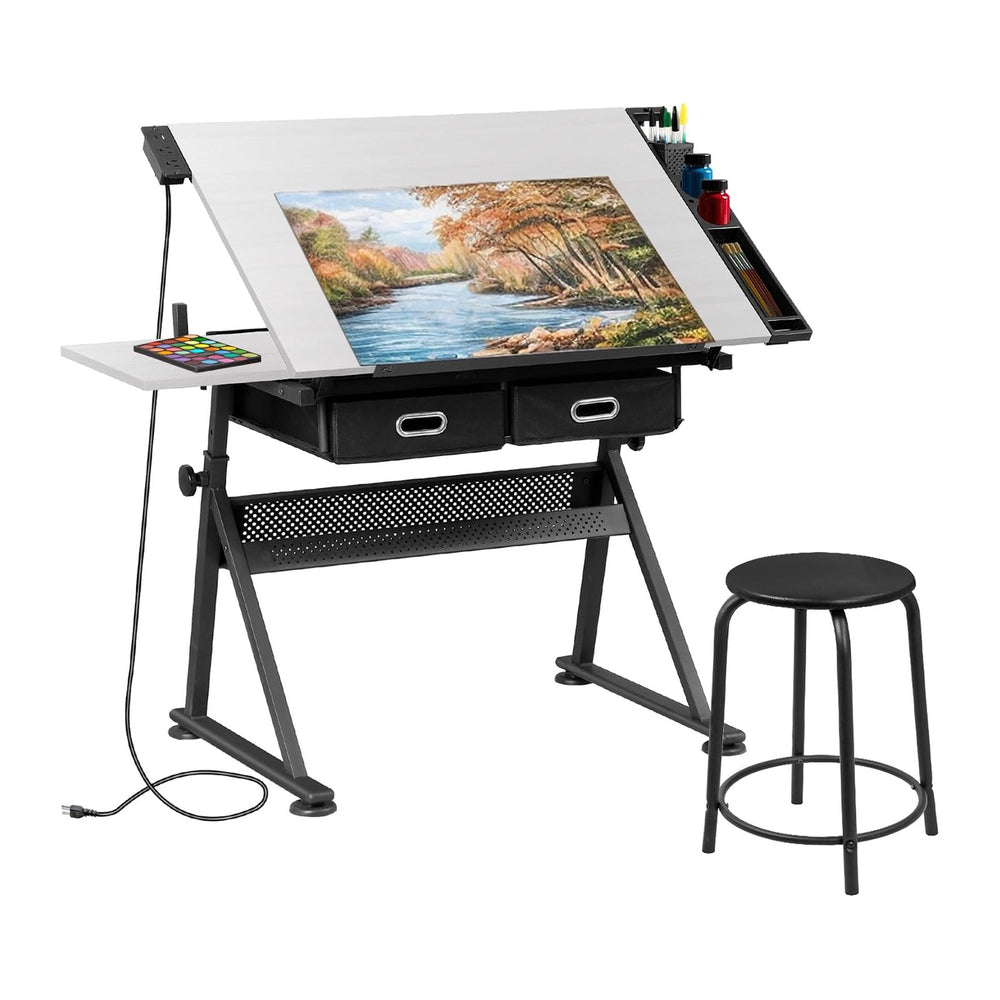 SUPER DEAL Adjustable Drafting Table Set with Charging Station, Tilting Drawi...