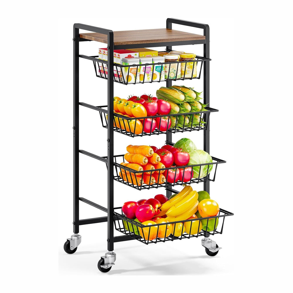 TOOLF 5 Tier Kitchen Storage Cart, Metal Utility Rolling Snack Cart | Wooden ...