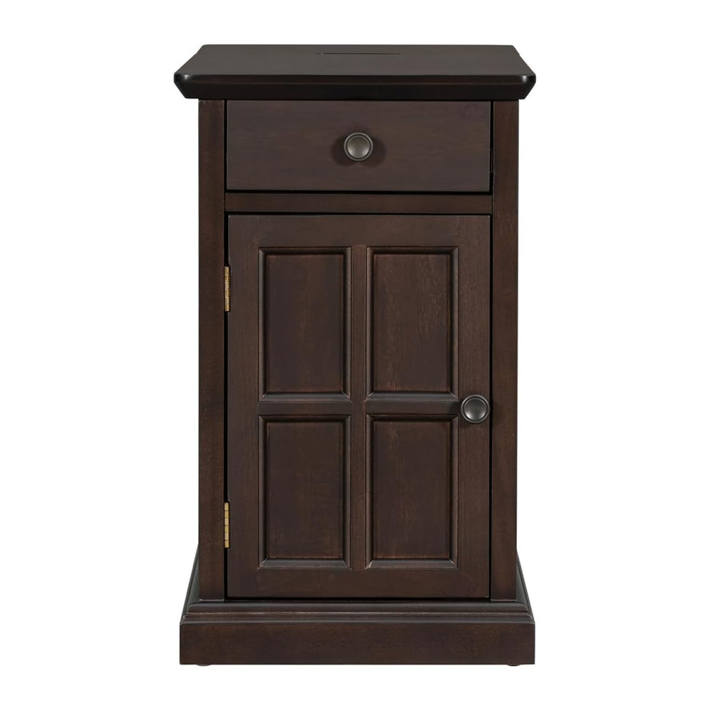 Traditional Narrow End Table with Charging Station, Antique Espresso Wood Sid...
