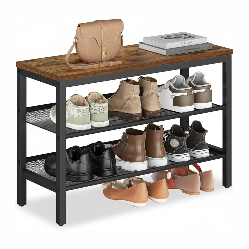 VASAGLE 3 Tier Shoe Rack Bench, One Piece Shelves, Industrial Style | Shoe St...