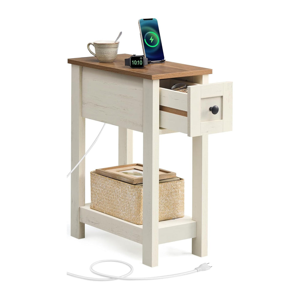 VASAGLE Farmhouse End Table with Storage Drawer, Narrow Side Table with Charg...