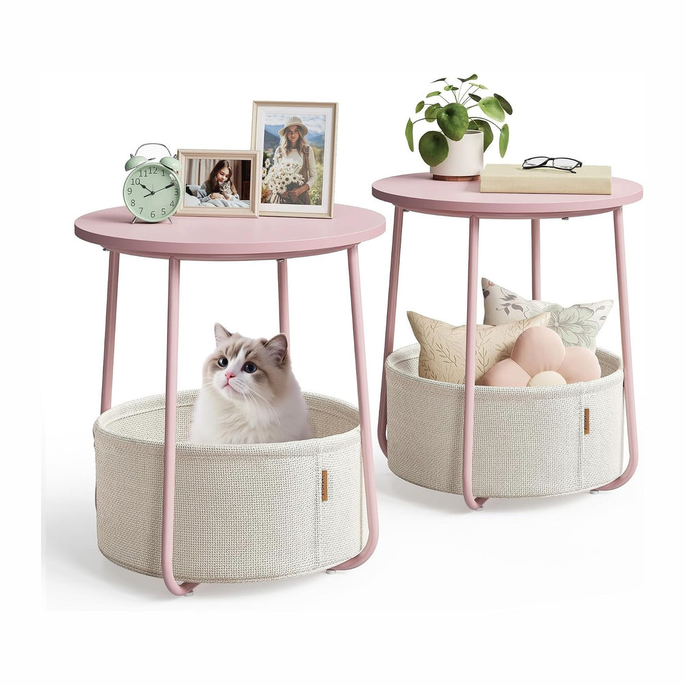VASAGLE Nightstands, Set of 2 Small Round Side Tables with Fabric Basket, Bed...