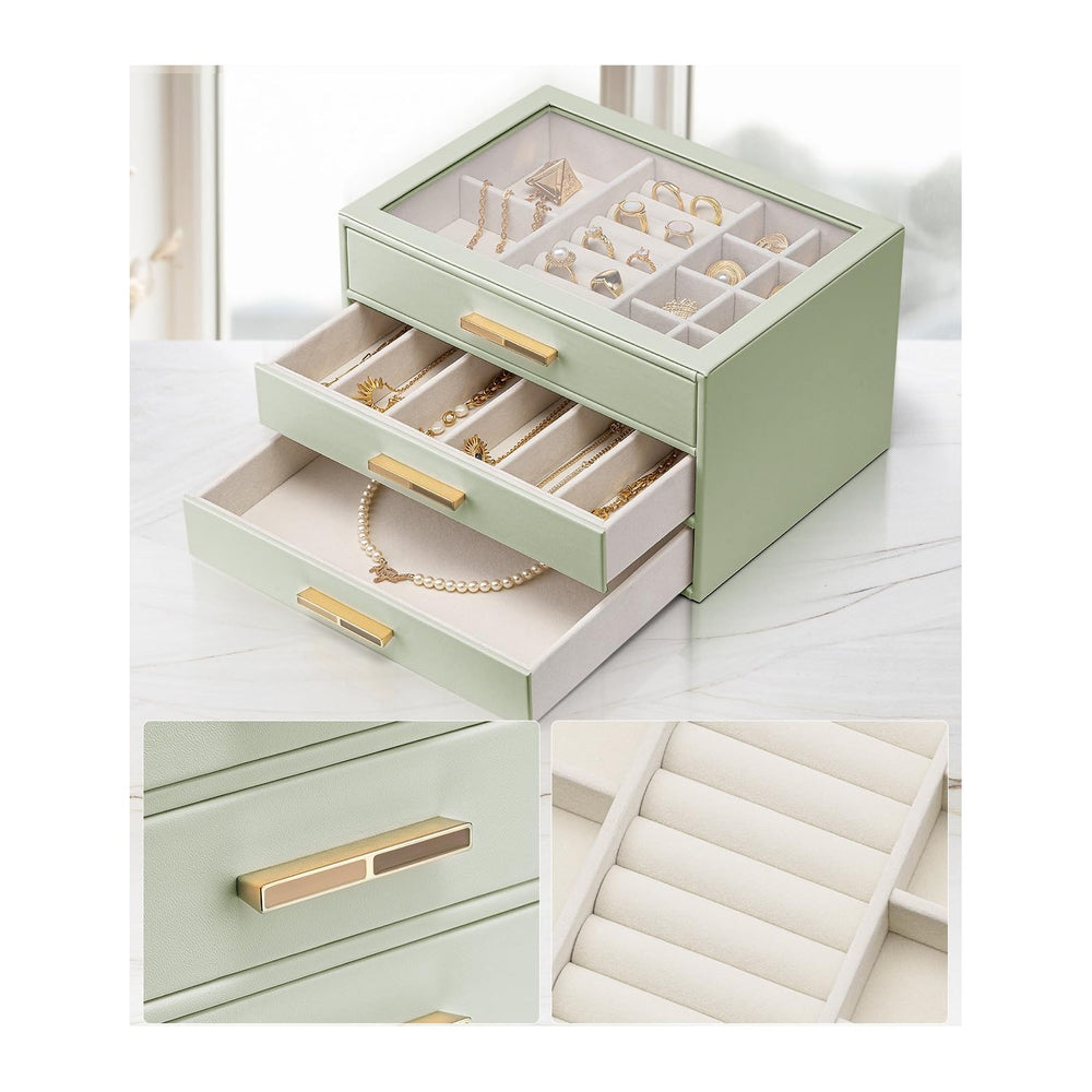 VLANDO Jewelry Box for Women, Glass Lid Jewelry Organizer with 3 Drawers for ...