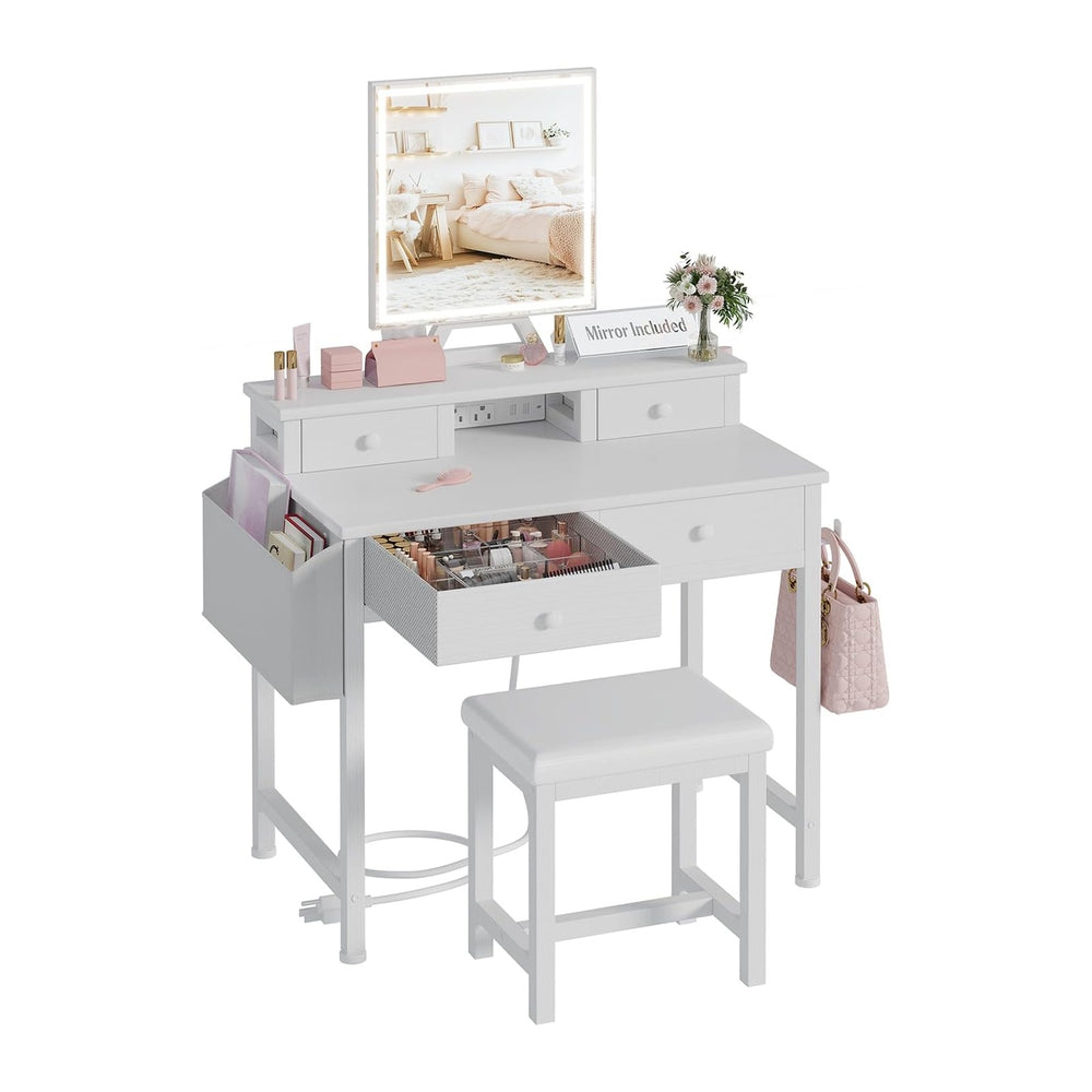 White Makeup Vanity Desk with Mirror and Lights, Vanity Set with Chair, Make ...