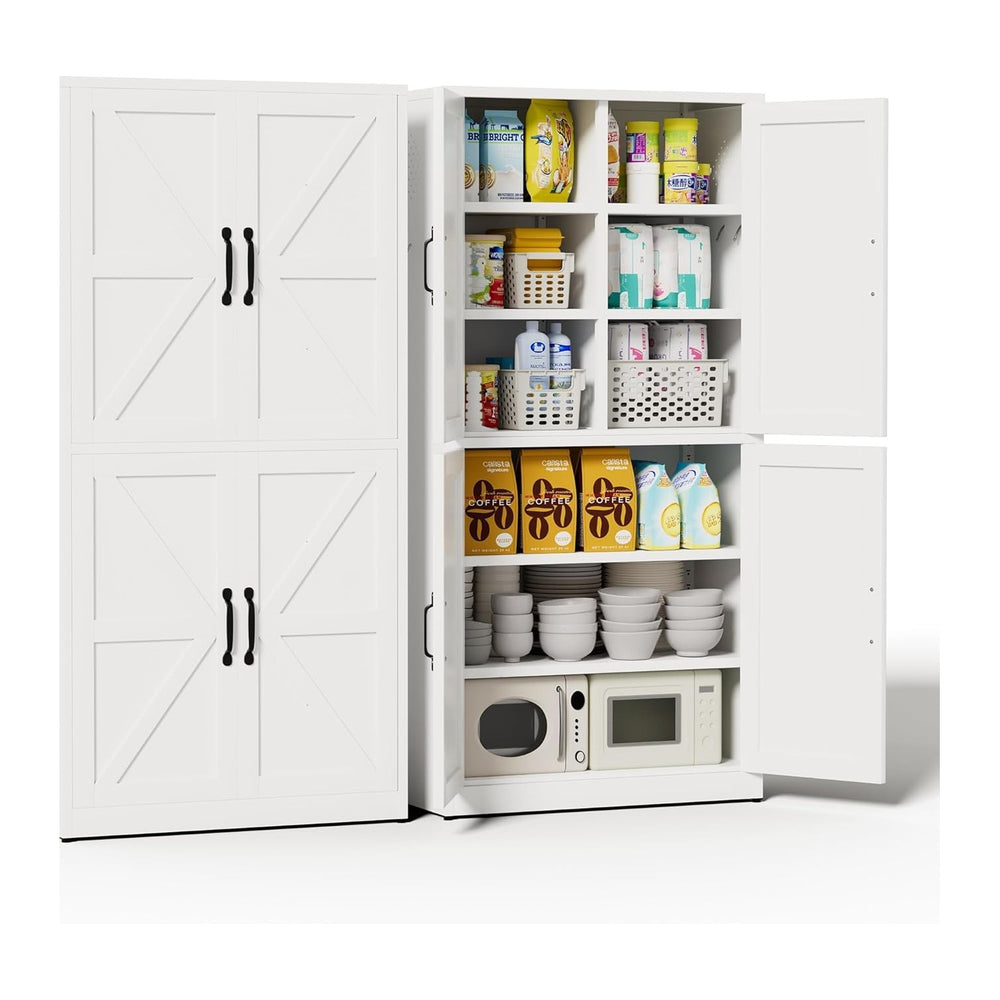 White Steel Kitchen Pantry Storage Cabinet with Barn Doors and Adjustable She...