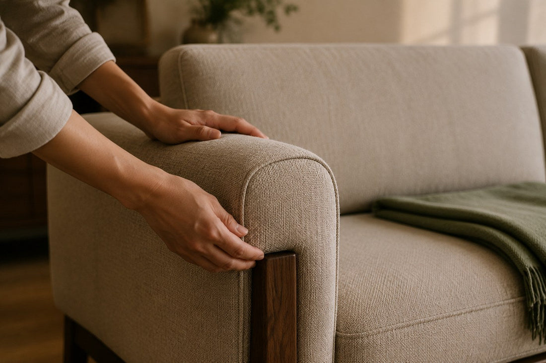 Hands resting on the linen arm and walnut frame of a sofa
