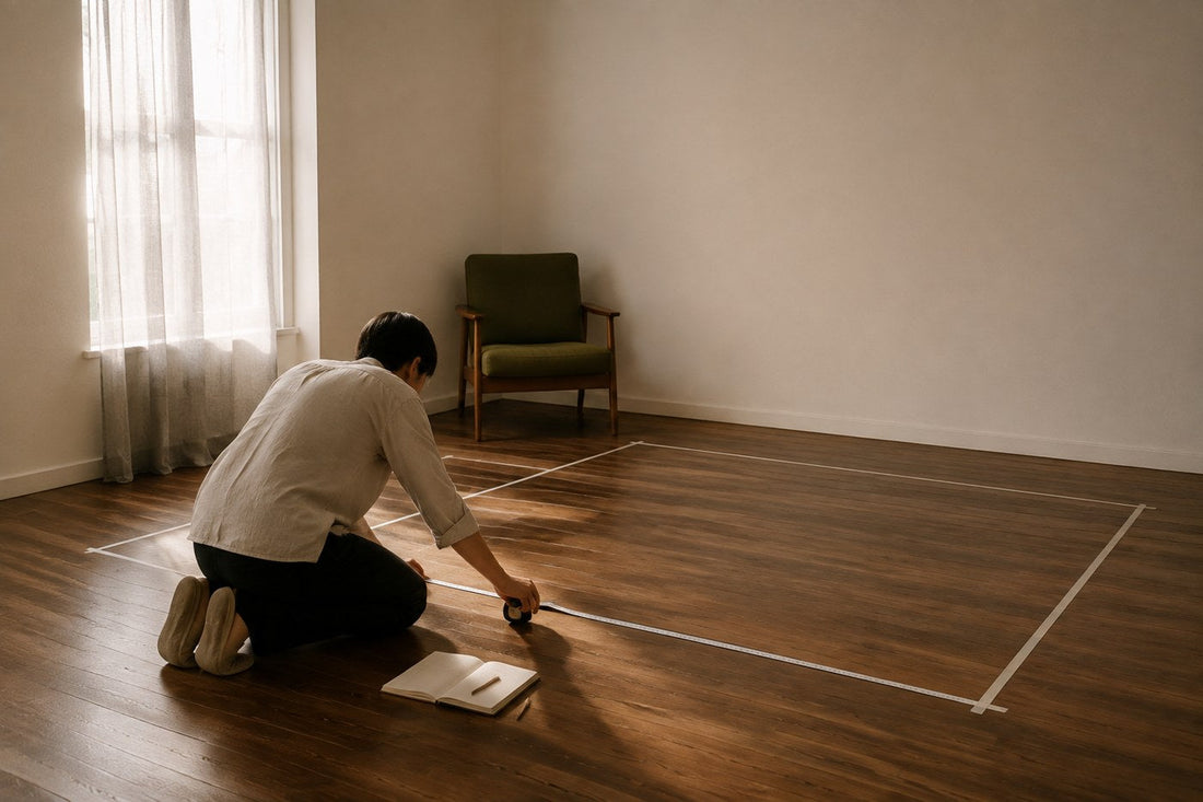 Someone measuring out a sofa footprint on the floor with tape