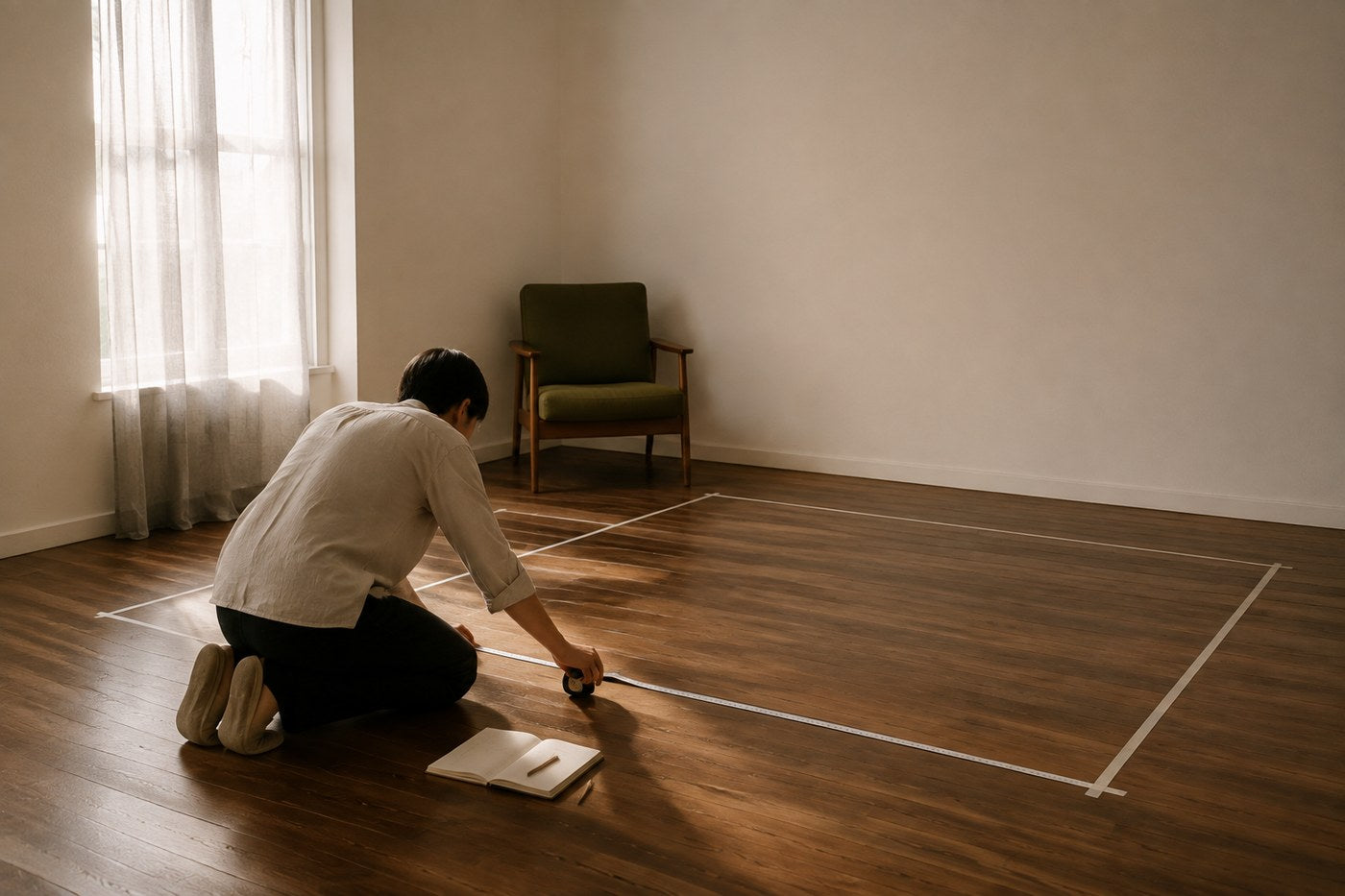 Someone measuring out a sofa footprint on the floor with tape