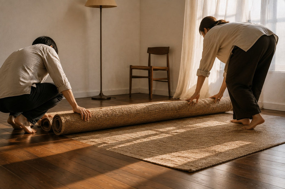 Two people unrolling a jute rug across a bare wooden floor