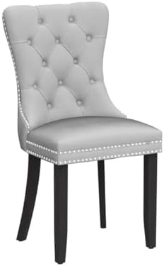 Velvet Dining Room Chairs Set of 2, Button Tufted, Wood Legs, Light Gray
