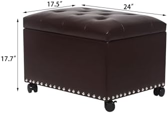 Joveco Leather Storage Ottoman with 360° Caster Wheels 24" Foot Rest Ben...
