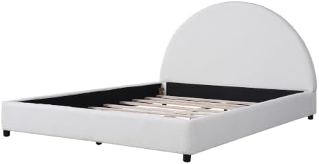 Peanu Queen Bed Frame, Boucle Upholstered Curved Headboard, White
