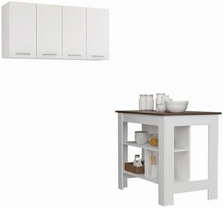 Burlingame Kitchen Island and Wall Cabinet Set - White & Walnut MDF