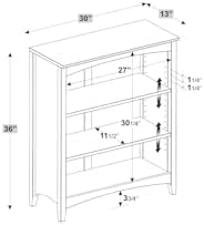 Shaker Style 3 Shelf Bookcase / Solid Wood / 36" High / Adjustable Shelv...