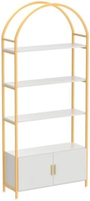 Jehiatek Gold Bookshelf, Arched Bookcase with Doors Storage, 71" Tall In...