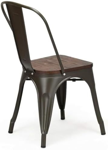 COSTWAY Stackable Metal Dining Chairs Set of 4 with Wood Seat and High Back