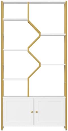 Keyluv 76" Tall White & Gold Bookshelf with Storage Cabinet