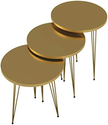 Set of 3 High Gloss Gold Nesting End Tables Round Wood Stacking Coffee Side A...
