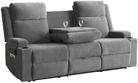Chenille Reclining Sofa 3-Seater with Convertible Table, Storage Ottoman &amp...