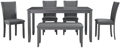 6-Piece Dining Table Set with Bench and Chairs - Solid Wood Kitchen Dining Ro...