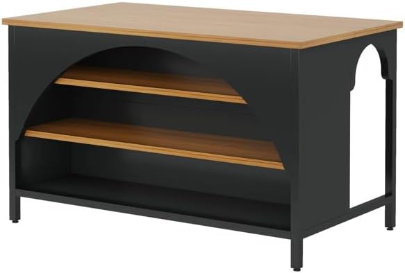 Kitchen Island with Open Shelves, Black and Natural Wood Top | 3-Tier Storage...