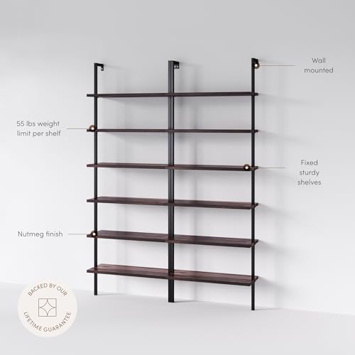 Nathan James Theo 6-Shelf Tall Bookcase, Wall Mount Bookshelf with Natural Wood Finish and Industrial Metal Frame, Nutmeg/Matte Black, Set of 2