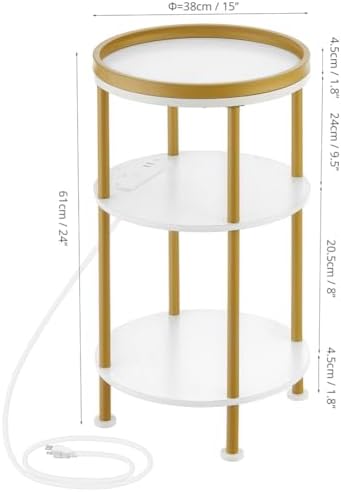 Small Round End Table with Charging Station, 3-Tier Accent Couch Beside Table...