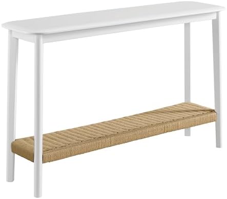 Calais Solid Wood Console Table with Woven Storage Shelf, White, 48 Inch | 2-...