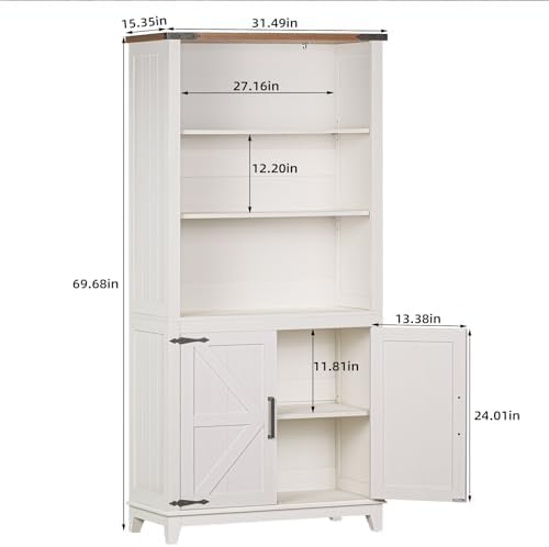 Joaxswe 5 Tier Bookshelf 70in Tall Bookcase with Barn Doors and Storage Cabin...