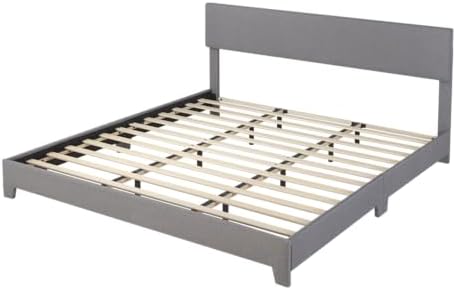 Allewie King Size Upholstered Bed Frame Adjustable Headboard, Light Grey
