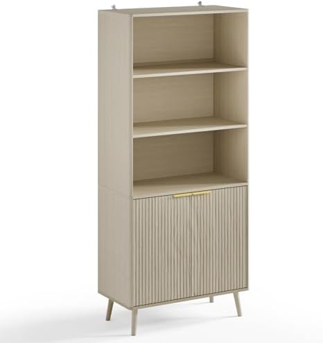 LYNSOM Beige Bookshelf, 70.9" Tall Book Shelf, 5-Tier Bookcase with Flut...