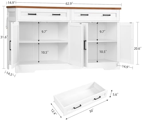usikey 63" Buffet Cabinet with Storage, Sideboard Cabinet with 2 Adjusta...