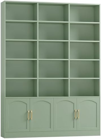 FACBOTALL 82.3" Triple Wide Bookshelf, Tall Bookcase with 4 Doors, Green