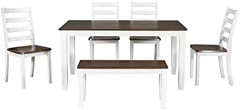 6-Piece Dining Table Set, 4 Upholstered Chairs + Bench, Rustic