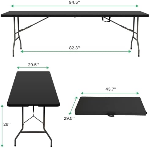 8Ft Folding Table Plastic Portable with Built in Handle & Steel Legs Blac...