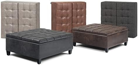 SIMPLIHOME Harrison 36" Wide Vegan Leather Lift Top Ottoman in Saddle Br...