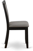 East West Furniture DLMZ3-AB6-50 3 Piece Dining Table Set Contains a Round Dining Room Table with Dropleaf and 2 Dark Gotham Grey Linen Fabric Upholstered Chairs, 42x42 Inch, Wirebrushed Black